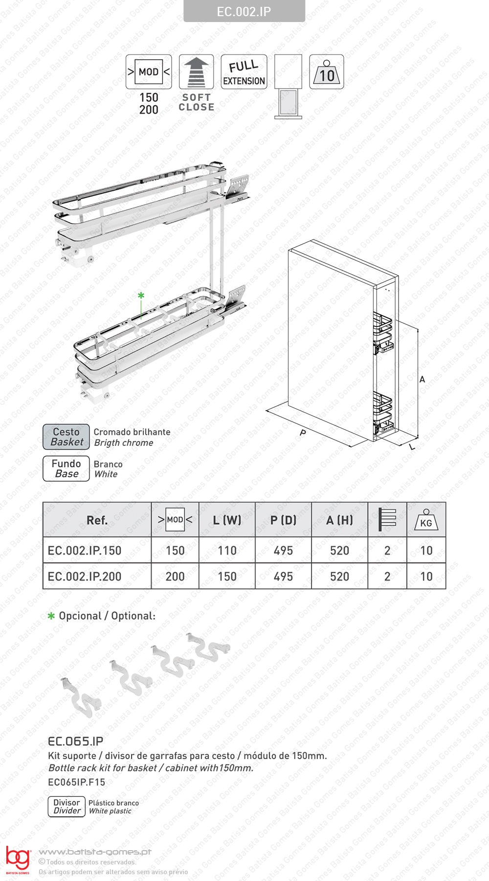 Despenseiro multiusos para aplica��o porta frontal - Extrac��o total com Soft-close - M�d. 150 / 200 - Cromado